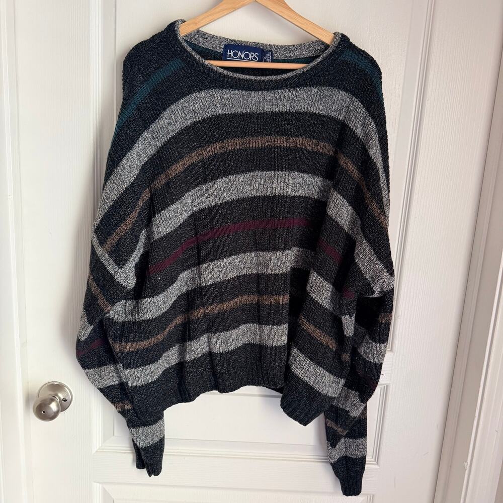 Vintage 90's Knit Sweater Men's XL Made in USA Grandpa Core Gray Black Honors